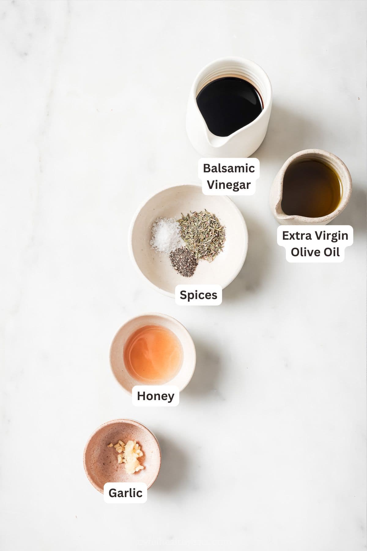 Overhead view of ingredients for balsamic vinaigrette