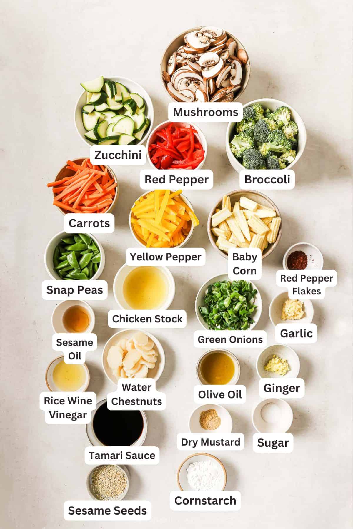 Overhead view of ingredients for vegetable stir fry with labels