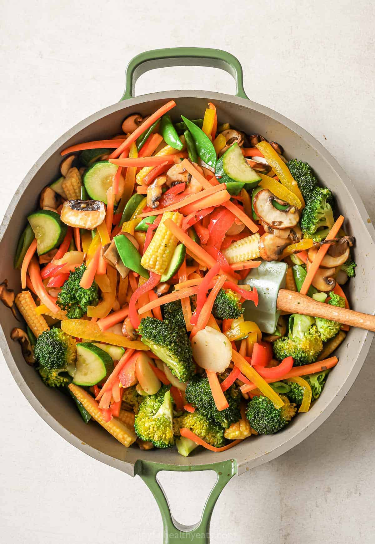 Overhead view of vegetables in skillet