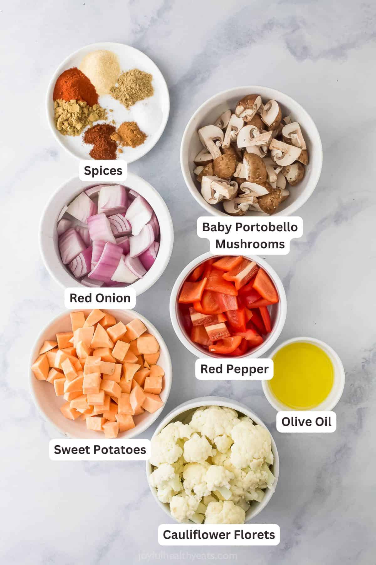 Labeled ingredients for vegetable tacos. 