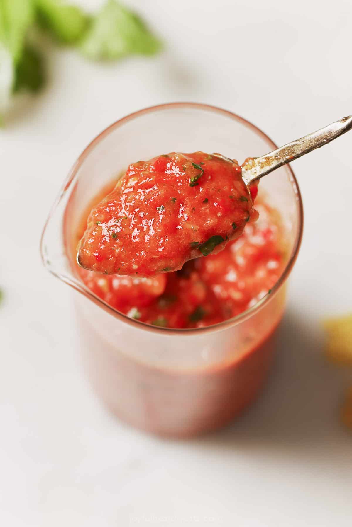 Close-up of the salsa's texture on a spoon. 