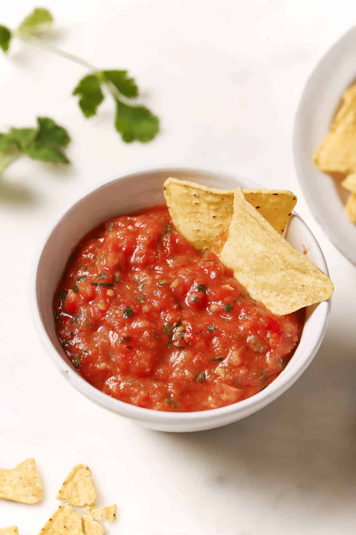 This garlicky roasted tomato salsa recipe is an easy, 25-minute appetizer that's perfect with crunchy tortilla chips. Roasted tomato salsa in a bowl with two tortilla chips.