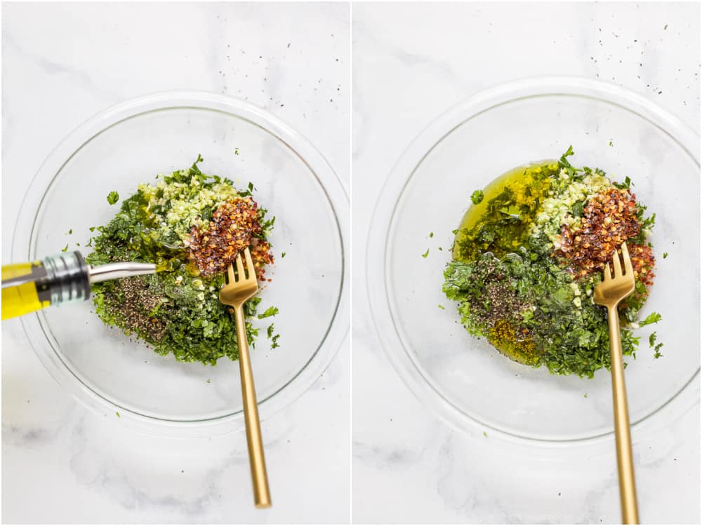 Olive oil being poured into a bowl with fresh herbs to make chimichurri sauce