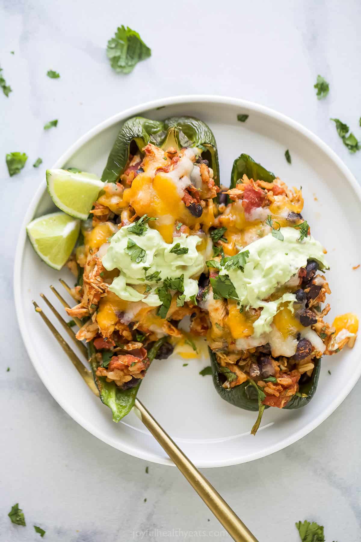This chicken-and-bean stuffed poblano peppers recipe with fluffy rice, juicy tomatoes, and avocado crema is a hearty weeknight dinner. Serving plate with two cheesy, stuffed poblano peppers.
