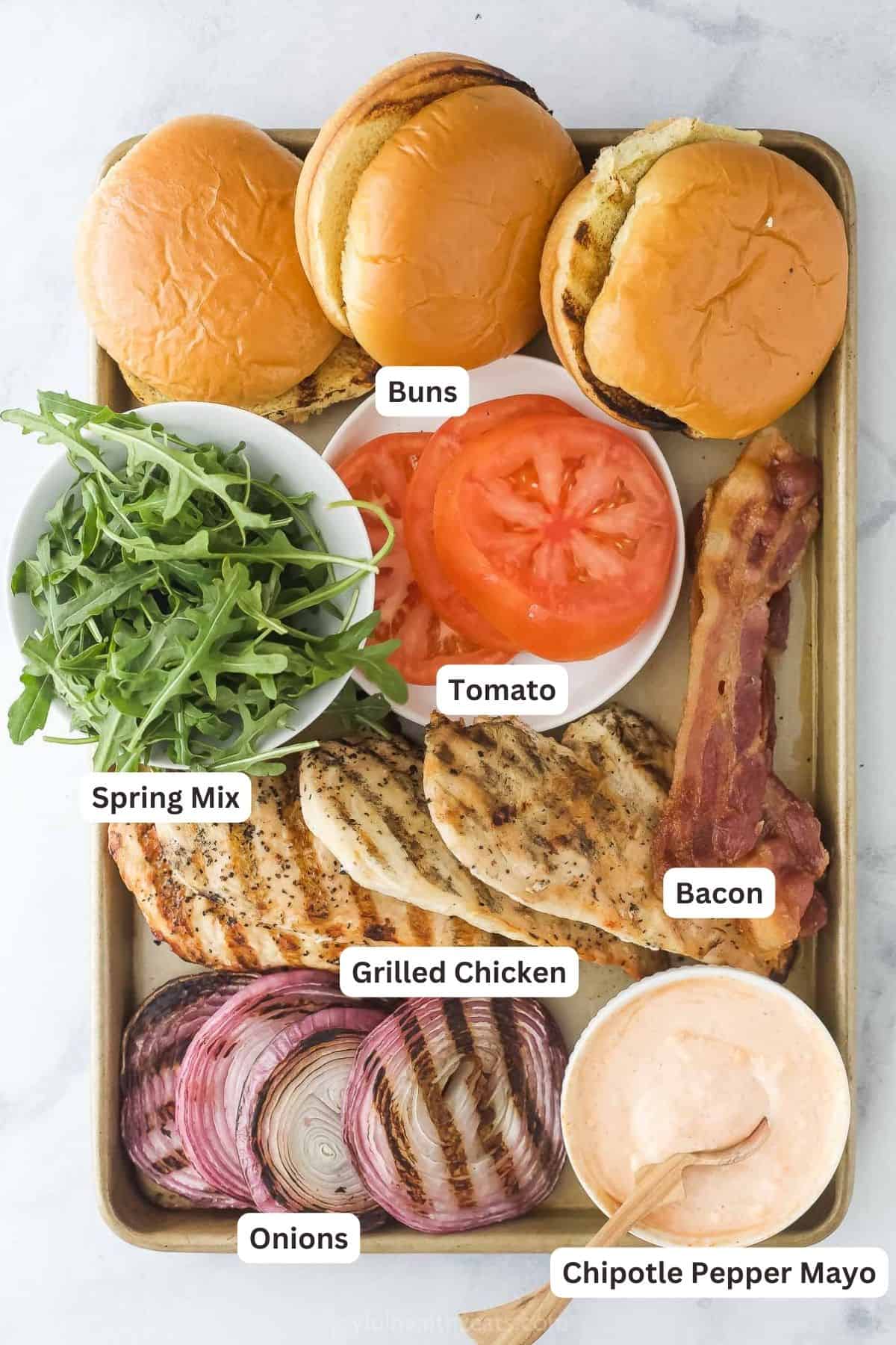 Labeled ingredients for a grilled chicken sandwich. 