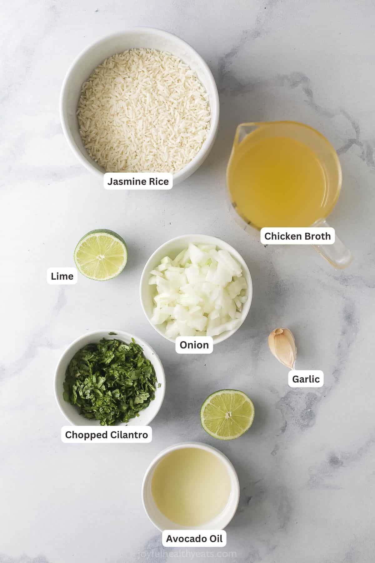 Labeled ingredients for cilantro lime rice. 