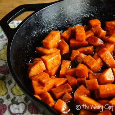 Glazed Diced Sweet Potatoes in a skillet