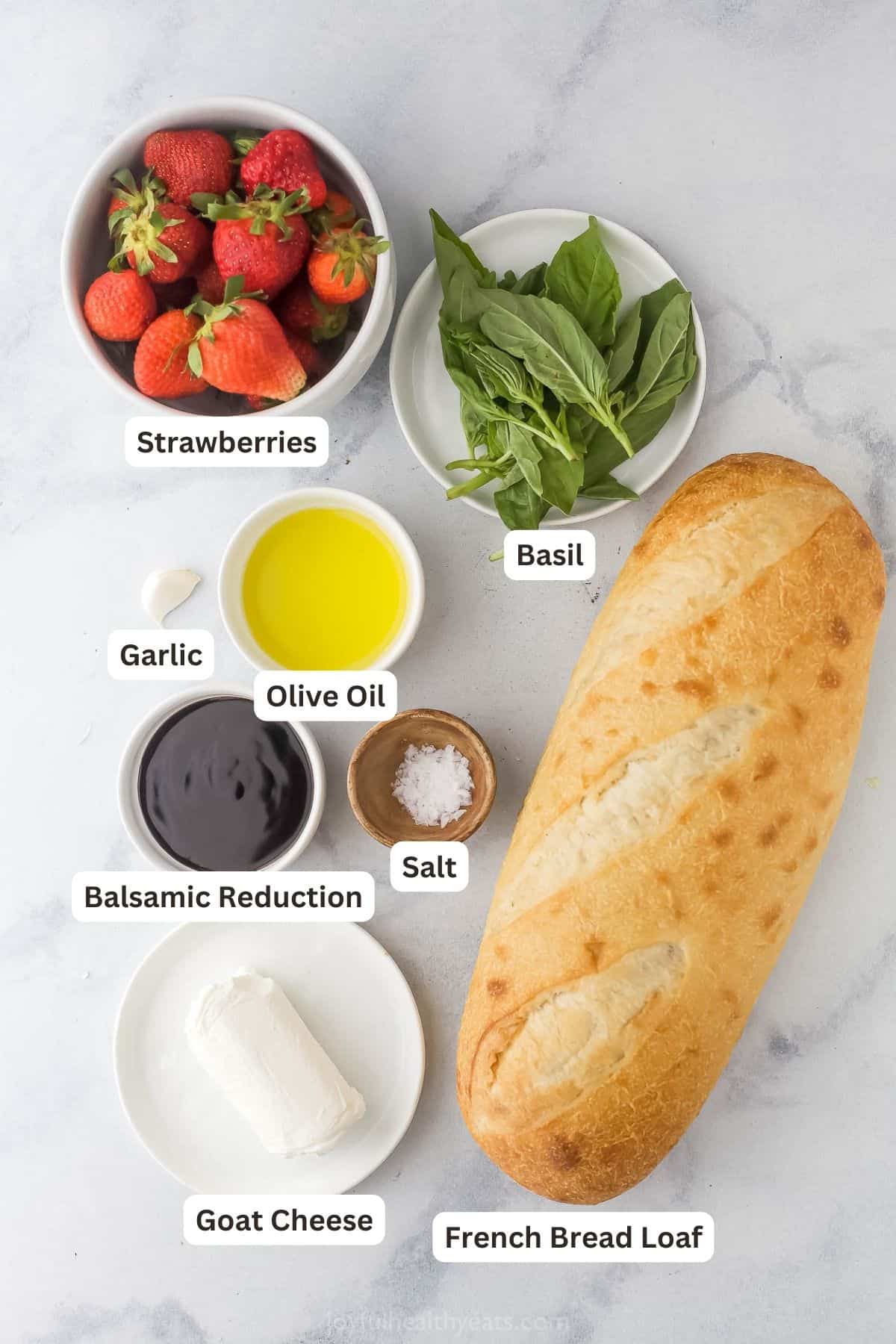 Labeled ingredients for strawberry bruschetta. 