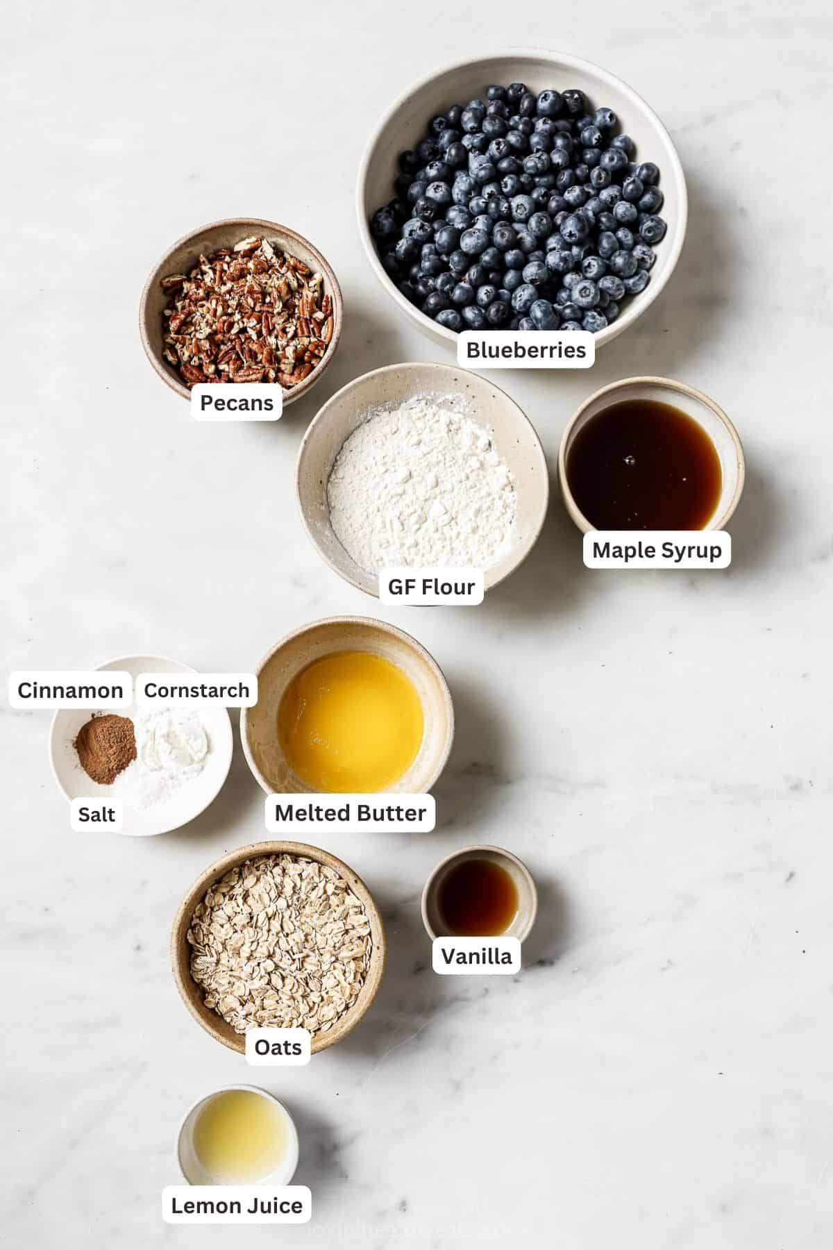 Labeled ingredients for blueberry cobbler. 