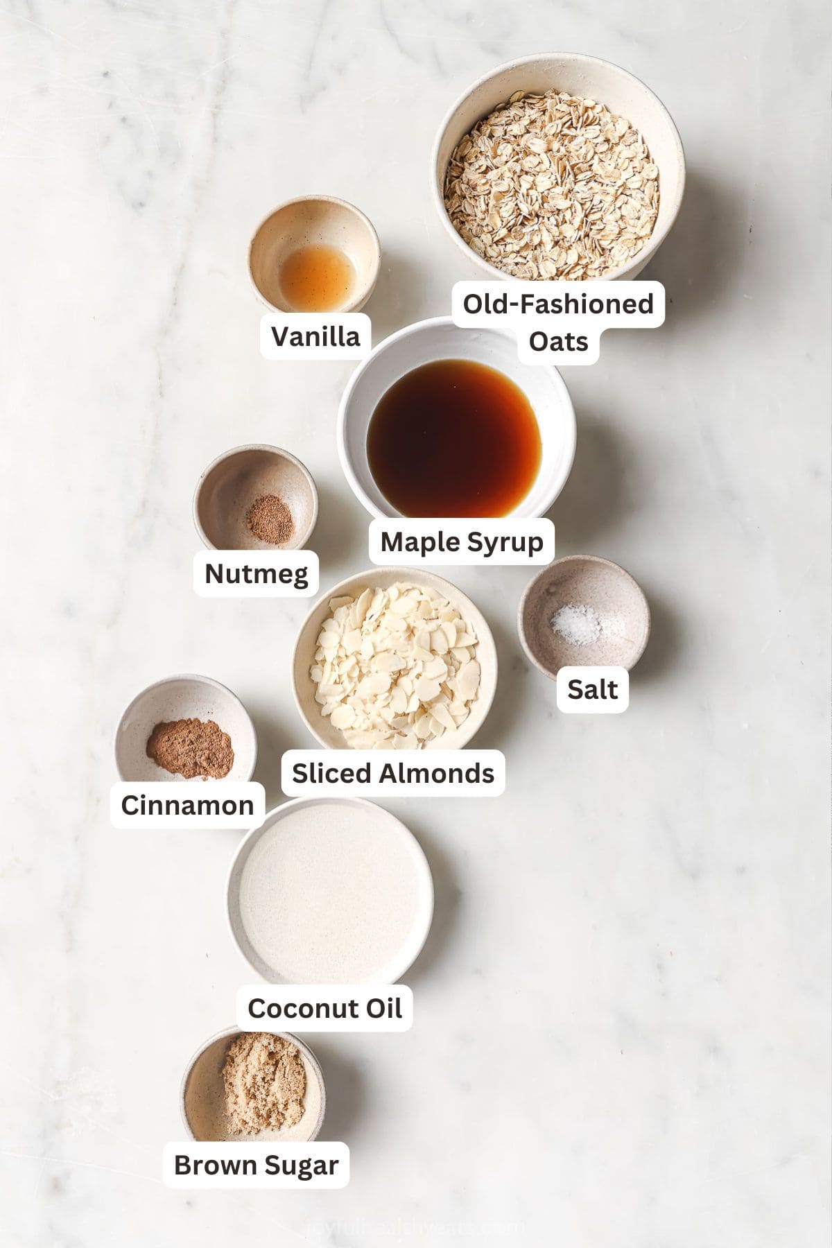 Overhead view of ingredients for homemade granola with labels