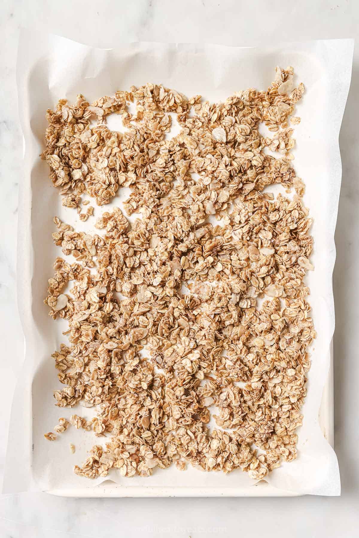 Homemade granola on pan before baking