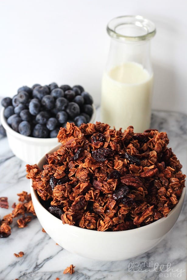 A bowl of Coconut Blueberry Pecan Granola next to a glass of milk and a bowl of blueberries