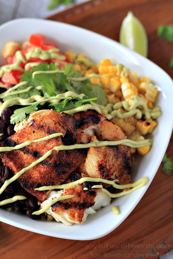 Grilled Tilapia Bowls with Chipotle Avocado Crema Grilled Tilapia in a White Bowl With Veggies and Avocado Crema Drizzle