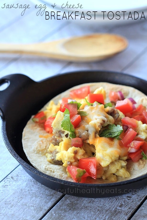 Sausage Egg & Cheese Breakfast Tostadas, ease to make done in 15 minutes! #recipe #glutenfree | purewellnessjourneyclub.com
