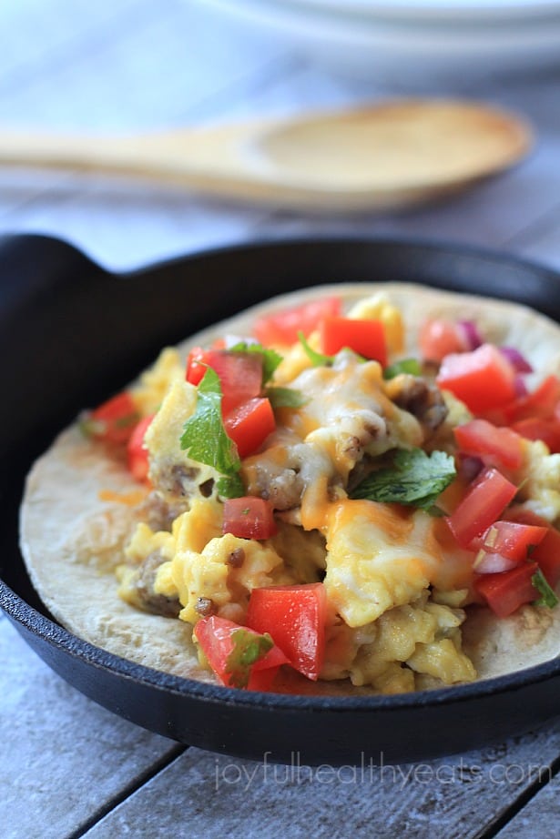 Sausage Egg & Cheese Breakfast Tostadas, ease to make done in 15 minutes! #recipe #glutenfree | purewellnessjourneyclub.com