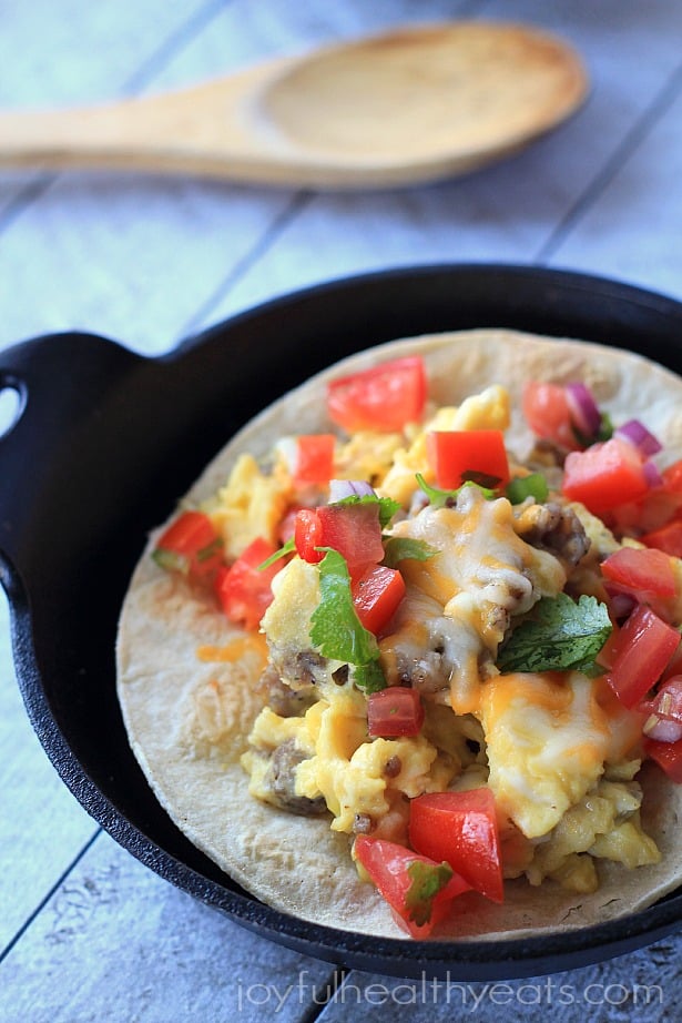 Sausage Egg & Cheese Breakfast Tostadas, ease to make done in 15 minutes! #recipe #glutenfree | purewellnessjourneyclub.com