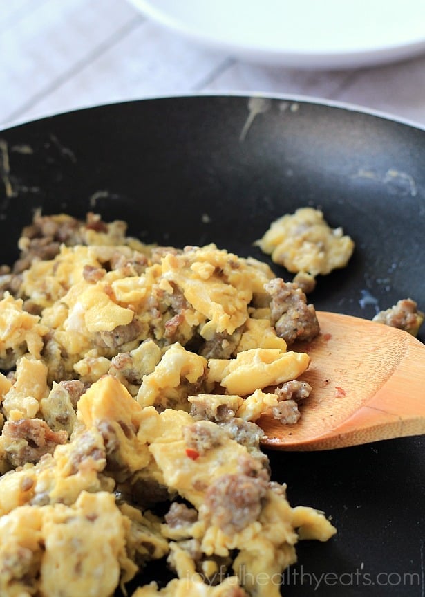 Sausage Egg & Cheese Breakfast Tostadas, ease to make done in 15 minutes! #recipe #glutenfree | purewellnessjourneyclub.com
