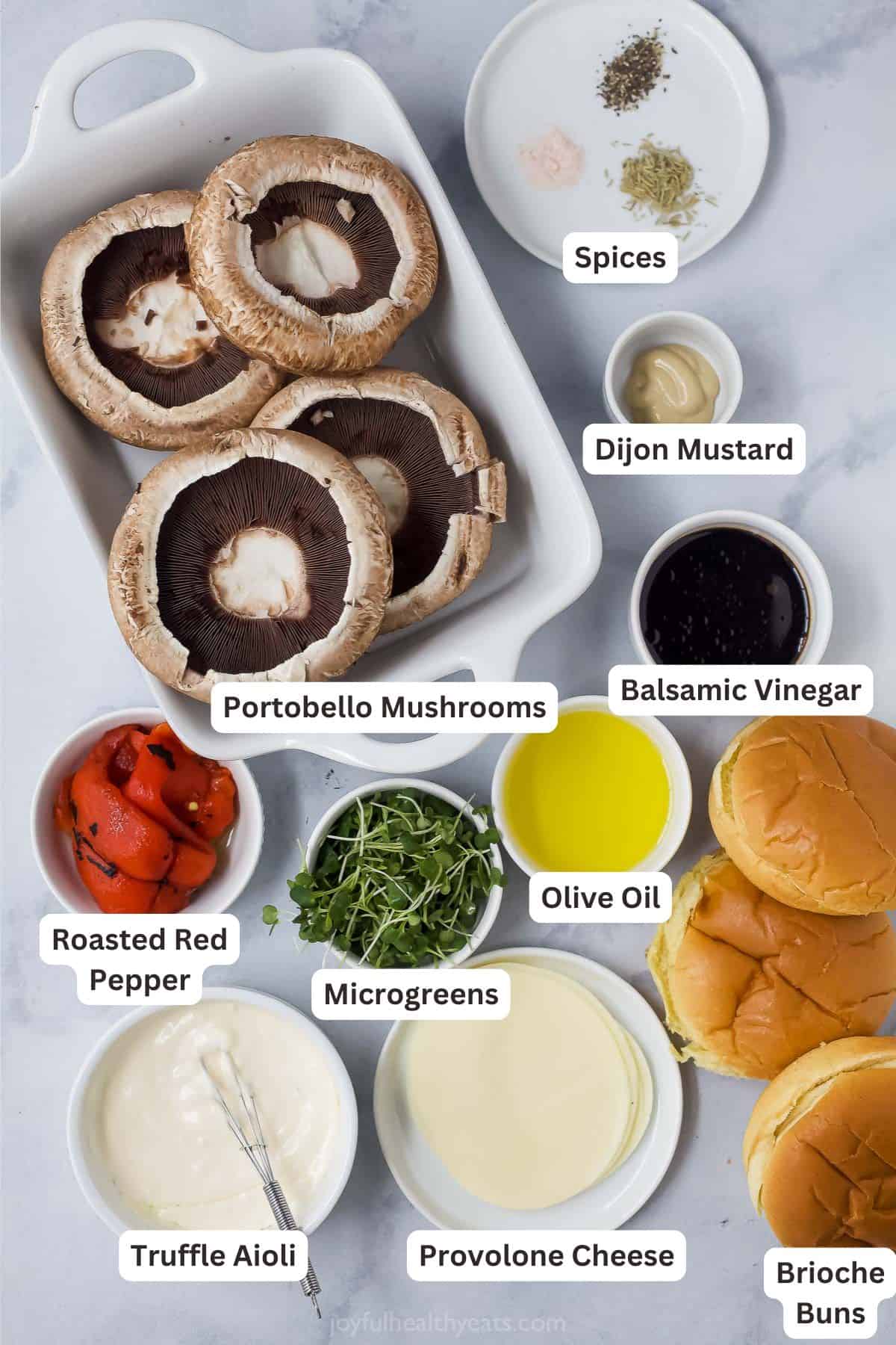 Overhead view of ingredients for portobello mushroom sandwiches