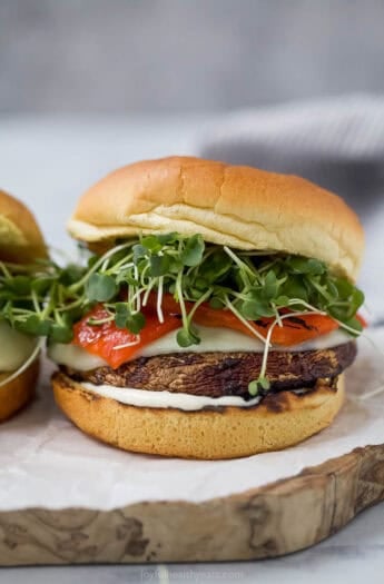 Grilled portobello mushroom sandwich on brioche bun