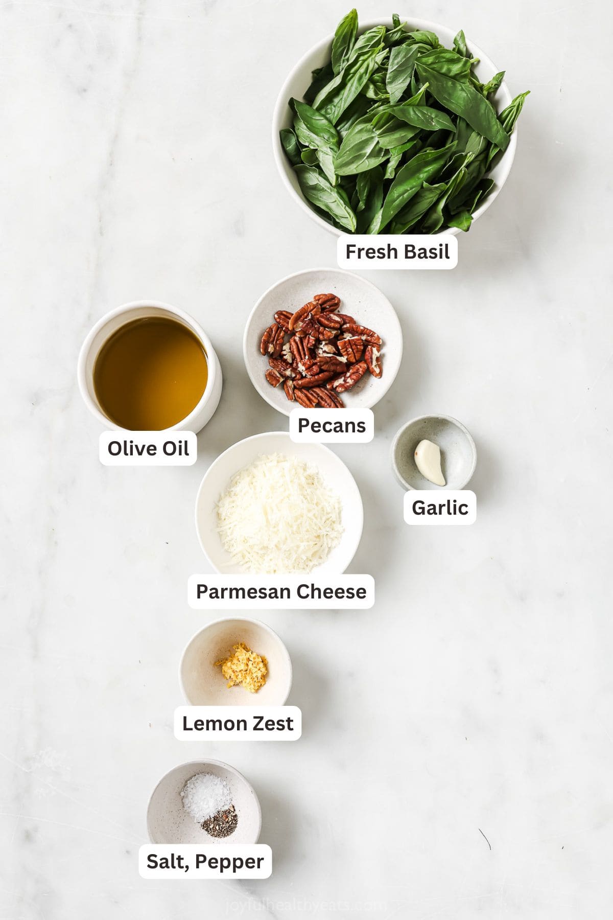 Overhead view of ingredients for homemade basil pesto