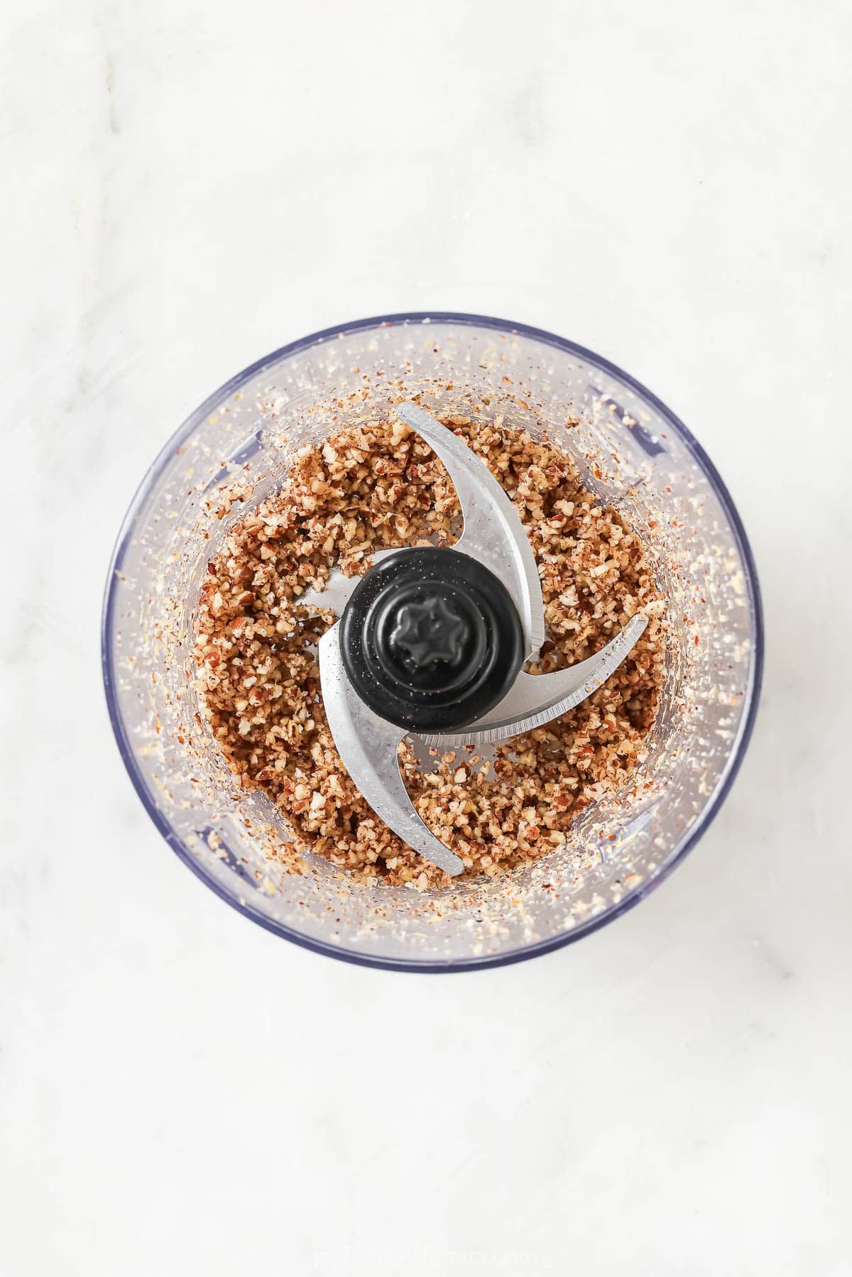 Ground pecans in food processor bowl