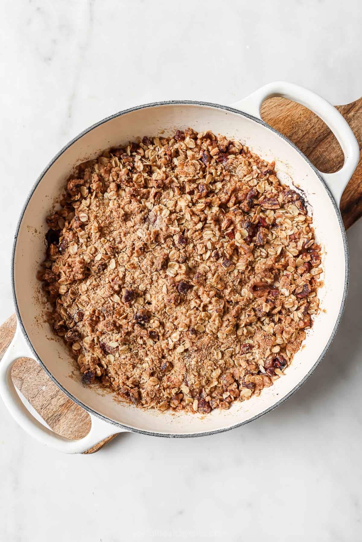 Skillet of raspberry peach crisp
