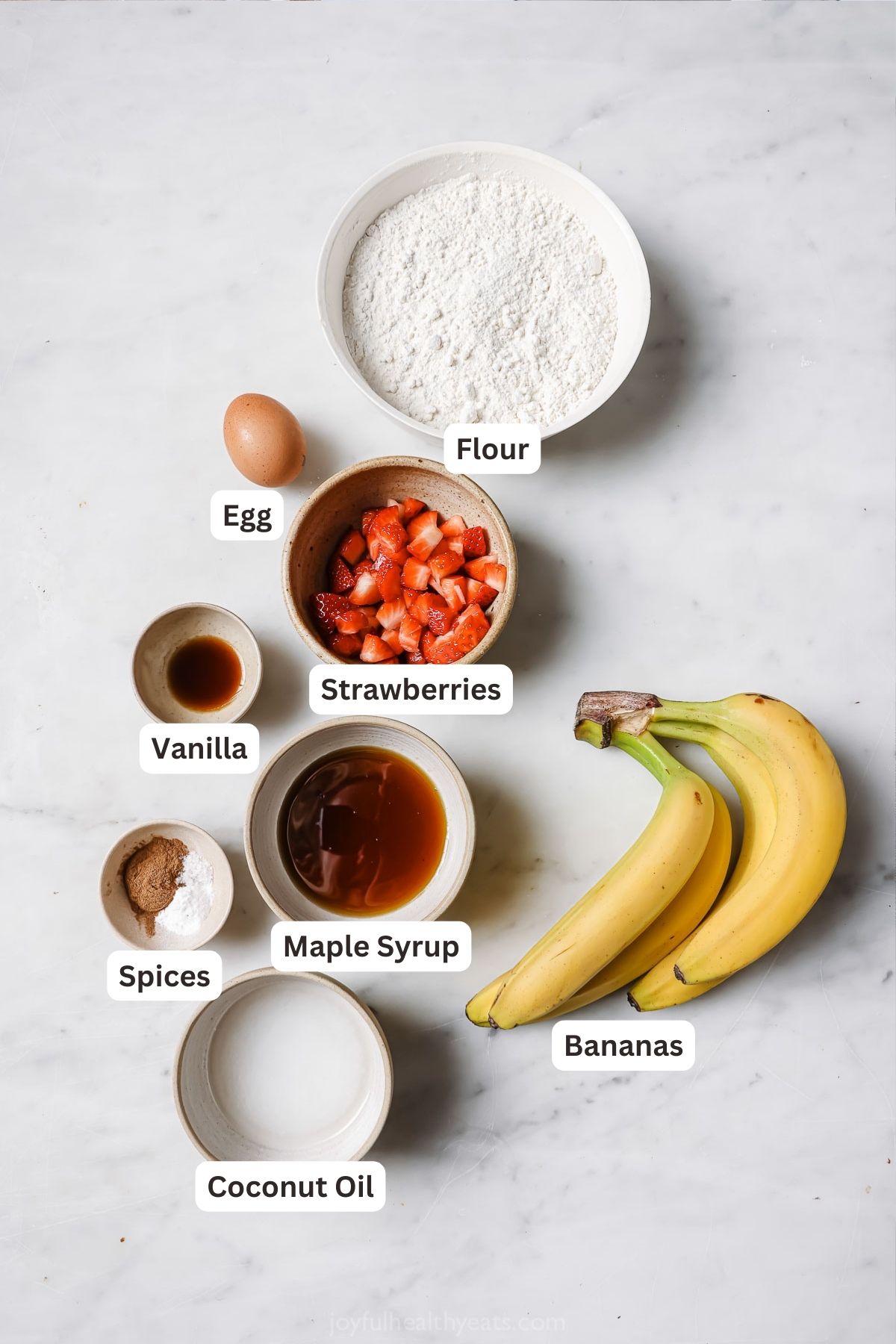 Ingredients for strawberry banana muffins.