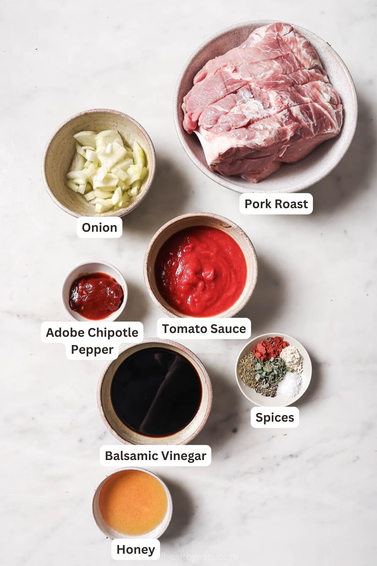 Labeled ingredients for crock pot pulled pork. 