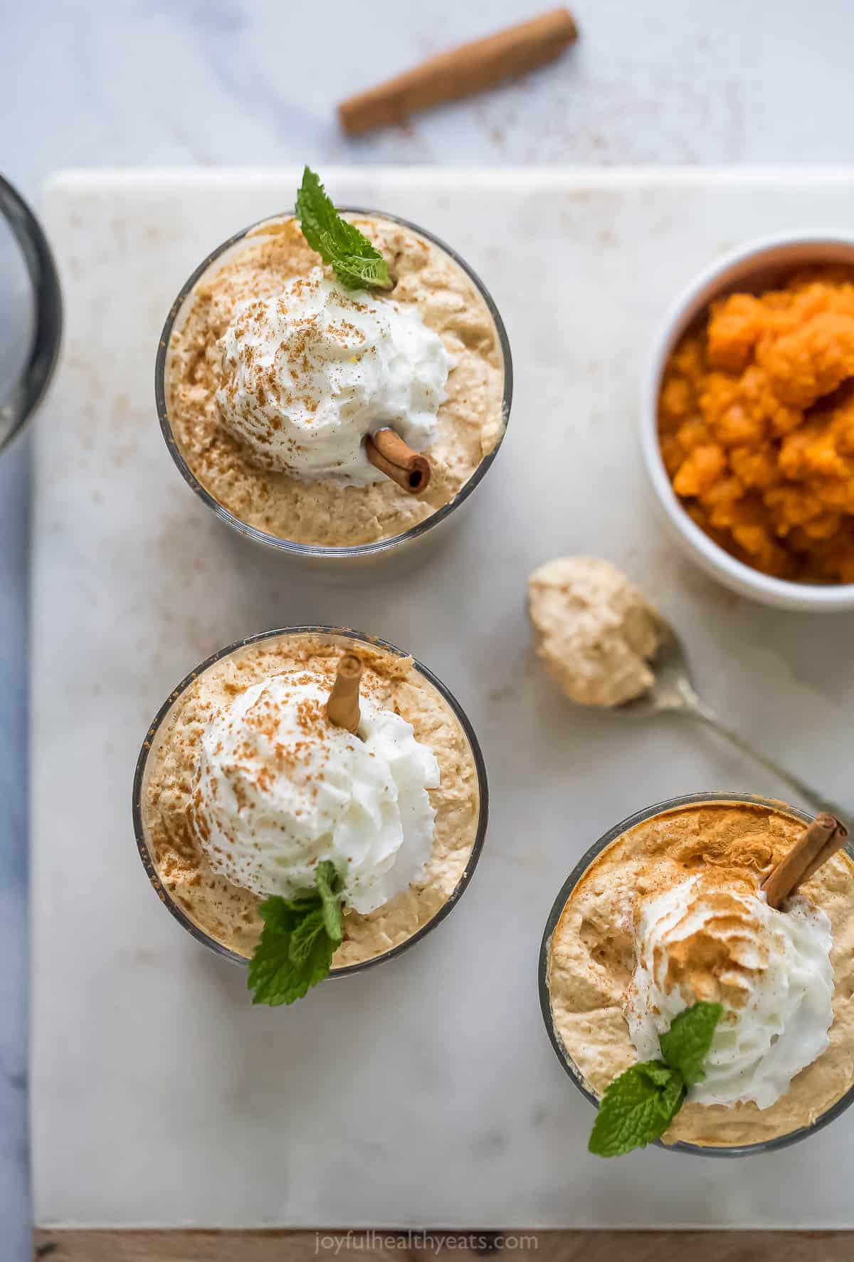 Overhead photo of creamy no bake pumpkin cheesecake. 