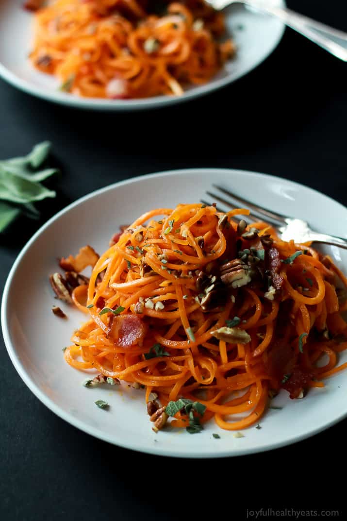 Homemade Sweet Potato Noodles, Brown Butter Sauce, Pecans, and Bacon... what more could you ask for? | purewellnessjourneyclub.com