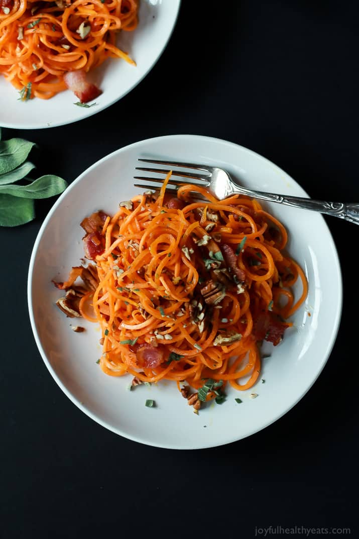 Homemade Sweet Potato Noodles, Brown Butter Sauce, Pecans, and Bacon... what more could you ask for? | purewellnessjourneyclub.com