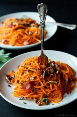 Homemade Sweet Potato Noodles, Brown Butter Sauce, Pecans, and Bacon... what more could you ask for? | purewellnessjourneyclub.com