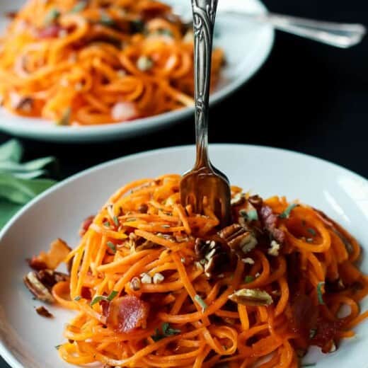 Homemade Sweet Potato Noodles, Brown Butter Sauce, Pecans, and Bacon... what more could you ask for? | purewellnessjourneyclub.com