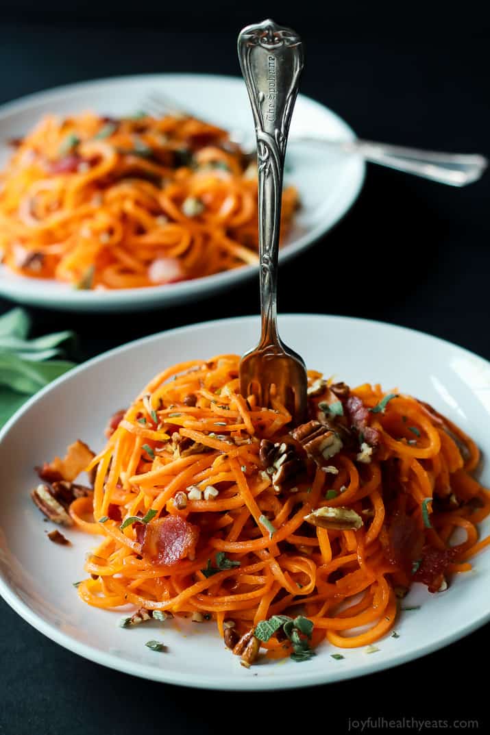 Homemade Sweet Potato Noodles, Brown Butter Sauce, Pecans, and Bacon... what more could you ask for? | purewellnessjourneyclub.com
