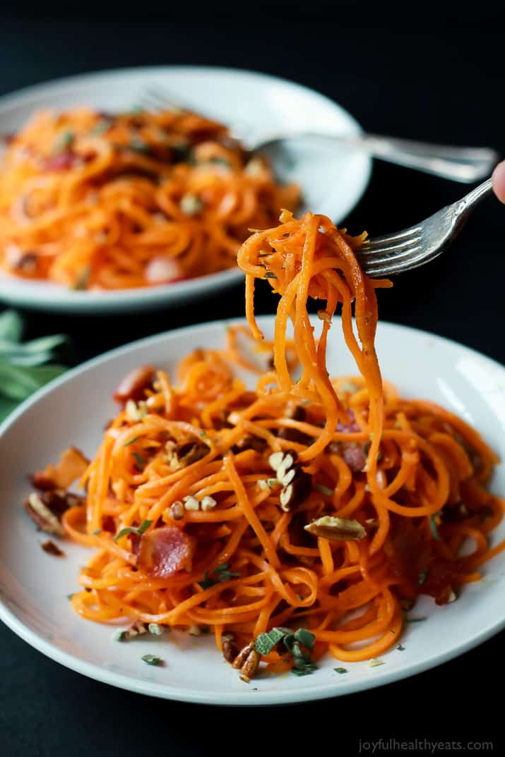 Homemade Sweet Potato Noodles, Brown Butter Sauce, Pecans, and Bacon... what more could you ask for? | purewellnessjourneyclub.com