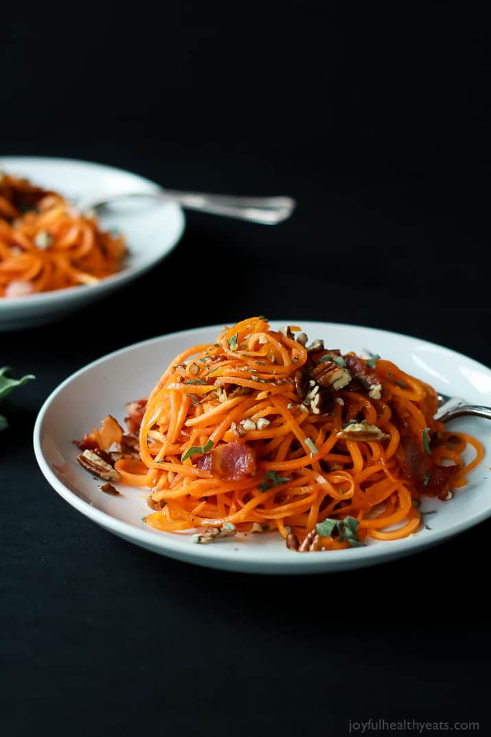 Homemade Sweet Potato Noodles, Brown Butter Sauce, Pecans, and Bacon... what more could you ask for? | purewellnessjourneyclub.com