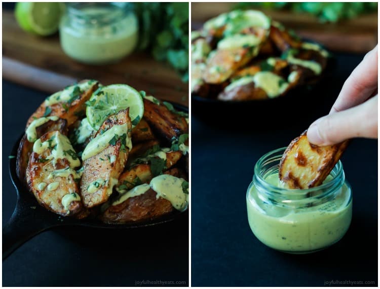 These Oven Roasted Potato Wedges actually turn out crispy, and the Avocado Wasabi Aioli rocks! | purewellnessjourneyclub.com #recipes 