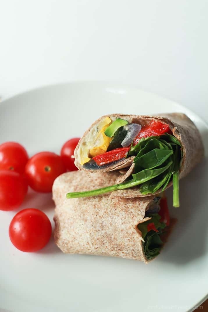 Healthy + Easy Roasted Vegetable Wraps with a Roasted Garlic White Bean Hummus, this is seriously amazing! | purewellnessjourneyclub.com #eathealthy #recipes