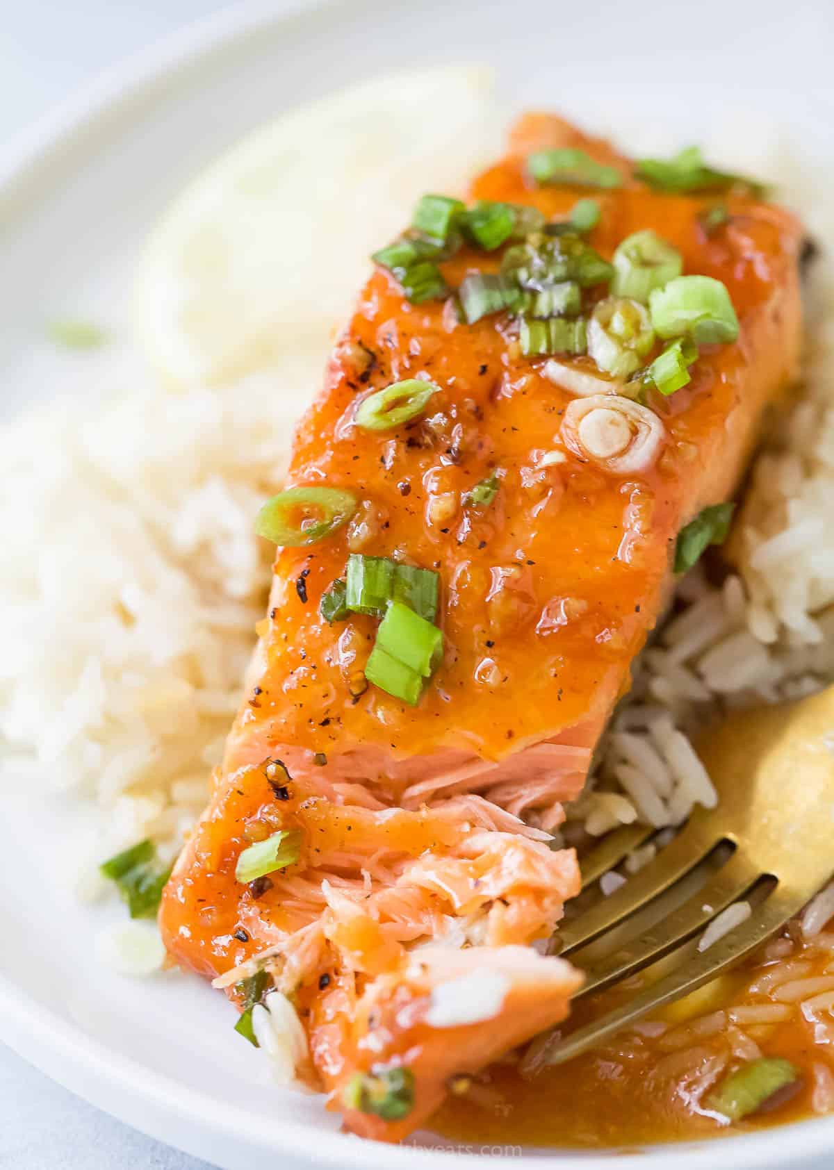 This 15-minute honey glazed salmon with garlic and sriracha will be your new favorite weeknight dinner with a side of side. Honey glazed salmon with green onions served over rice.