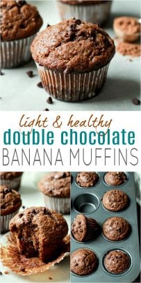 pinterest image for skinny double chocolate banana muffins