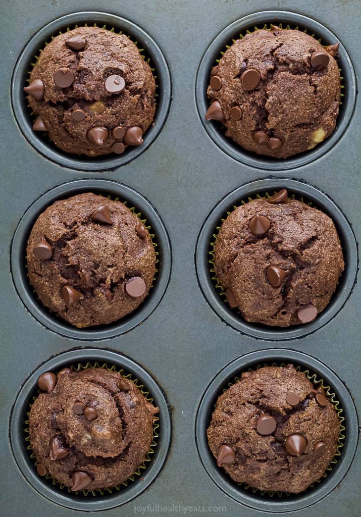 These Double Chocolate Banana Muffins are the muffins of your dreams! They're moist and tender with loads of chocolate & banana flavor. overhead photo of the best skinny double chocolate banana muffins in a muffin pan