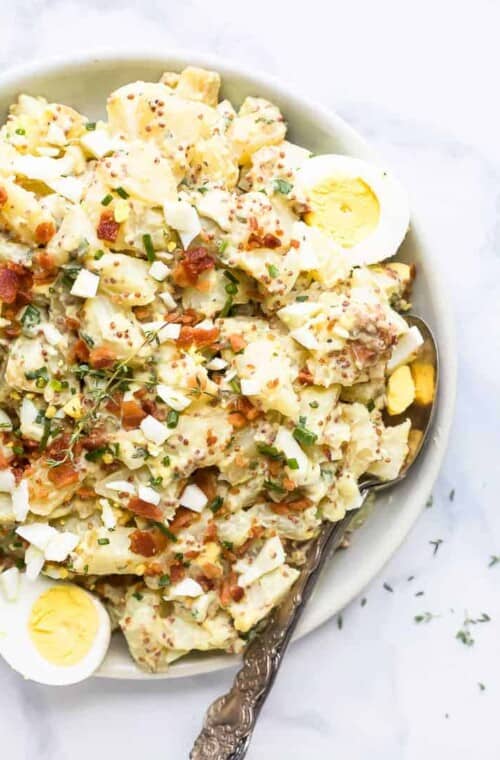 overhead photo of creamy potato salad recipe with bacon