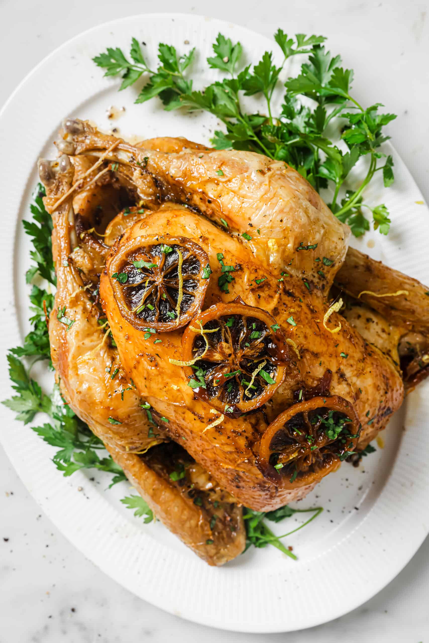 With crispy skin and zesty butter, this bake-and-forget roasted chicken recipe will be a weeknight favorite! Roasted chicken recipe with lemon slices on top.