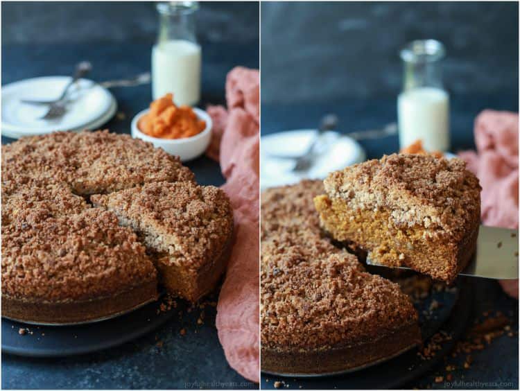 A family recipe that you need in your arsenal this fall! Pumpkin Spice Latte Coffee Cake, moist, loaded with pumpkin spice flavor with a touch of espresso for the best bite. Starbucks has nothing on this cake! | joyfulhealthyeats.com #recipe #fall