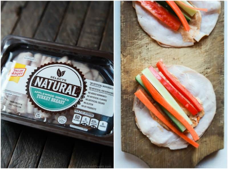 Collage of natural deli turkey breast and veggie turkey roll-ups on a wooden board