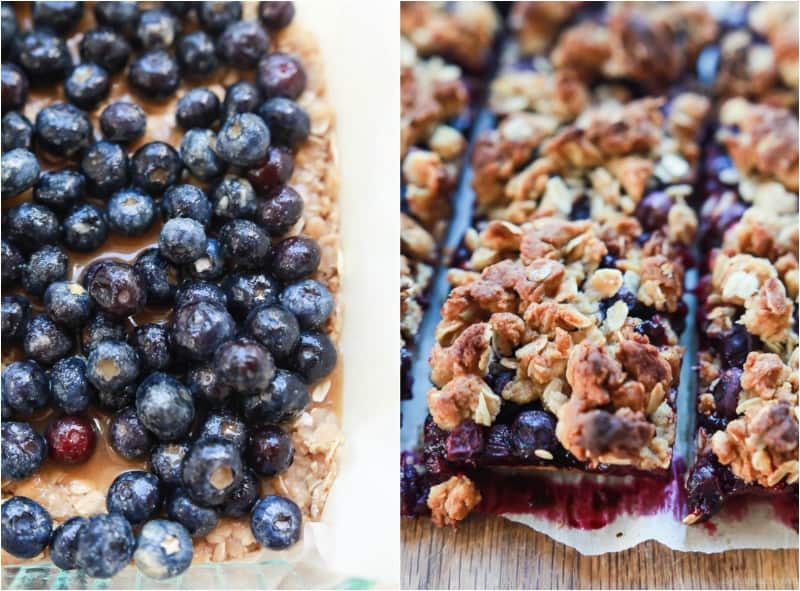 An unbaked batch of blueberry bars before the topping has been added beside a second image that shows the finished bars.