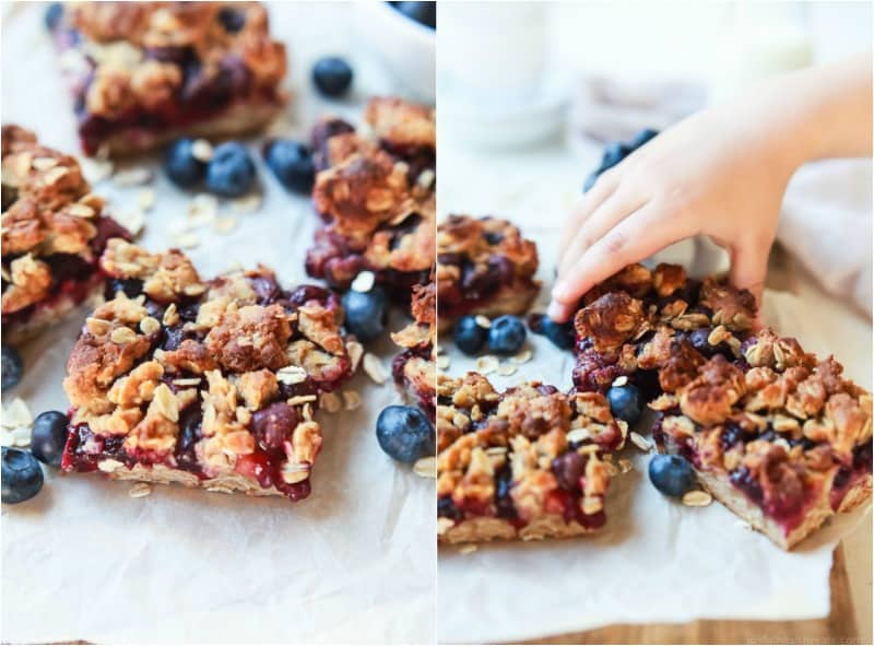 Two side-by-side images of lemon blueberry oatmeal bars on a sheet of parchment paper.