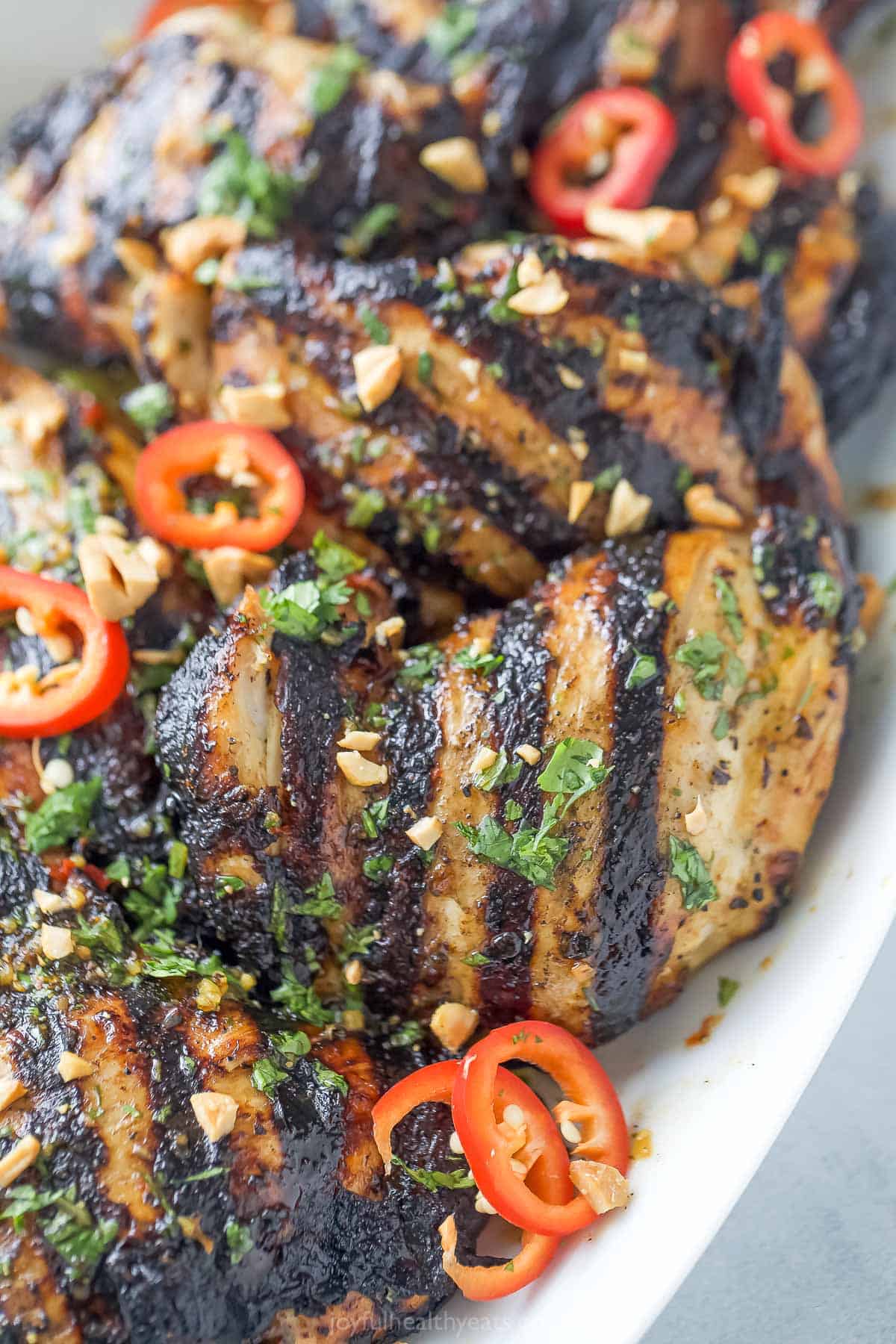 Close-up of freshly-grilled sweet-and-savory Thai chicken.