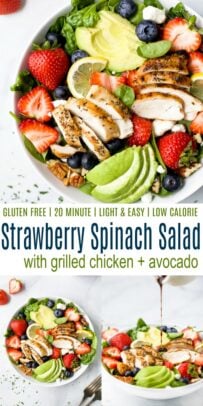 pinterest image for best avocado strawberry spinach salad with chicken