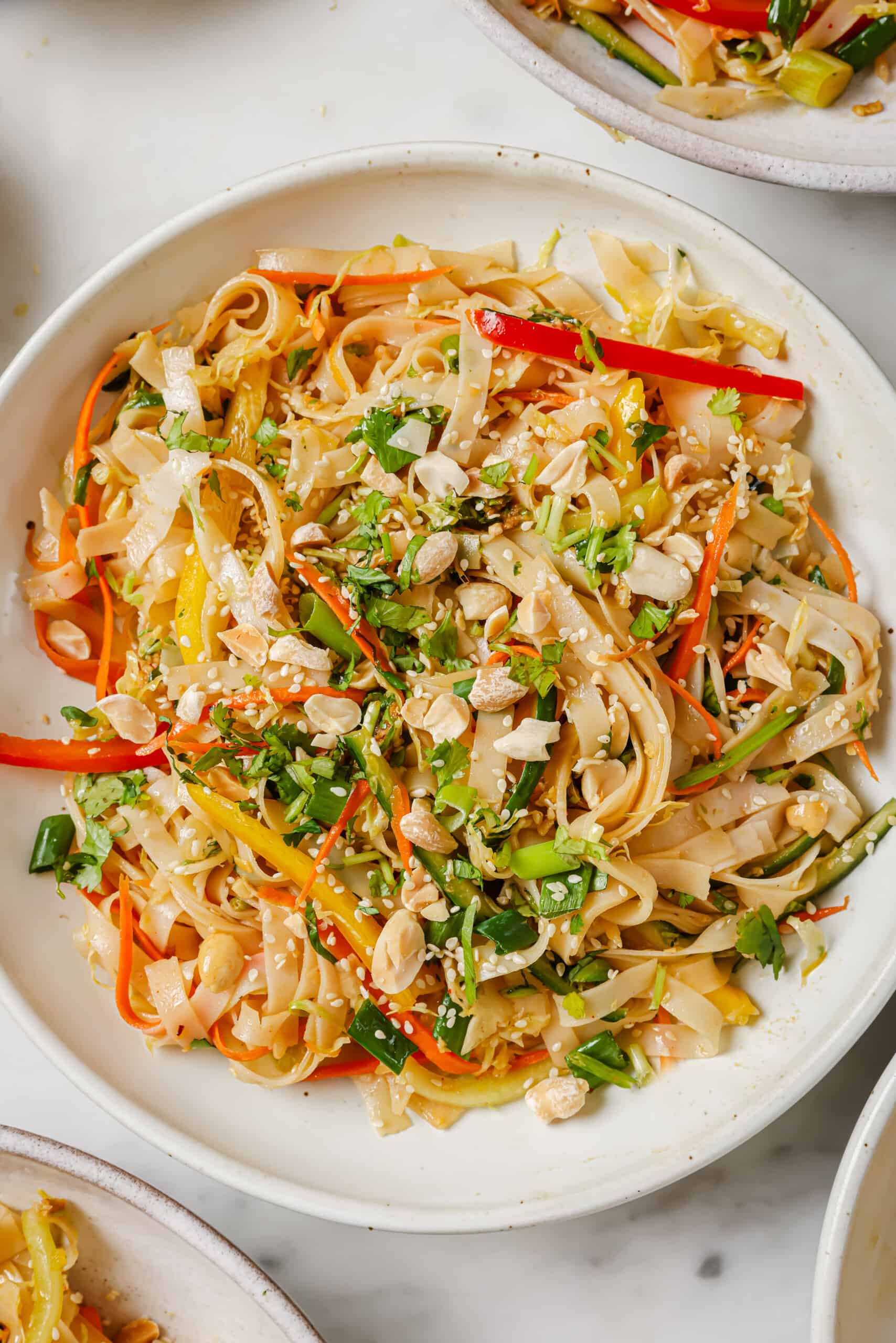 Bursting with bright colors, this spicy Asian noodle salad is tossed with fresh crunchy veggies and a spicy sesame dressing for a flavor party in your mouth. It only takes 25 minutes to make and is great for taking to work! Bowl of Asian noodle salad with veggies.